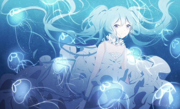 Anime picture 2296x1392 with vocaloid hatsune miku umeko 208 single highres blue eyes smile wide image twintails blue hair looking away very long hair sleeveless floating hair underwater girl dress jellyfish