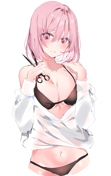 Anime picture 909x1442 with fate (series) fate/grand order mash kyrielight yuuko (030 yuko) single tall image looking at viewer blush fringe short hair breasts light erotic simple background smile hair between eyes large breasts white background holding cleavage off shoulder