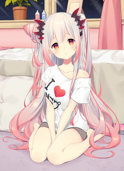 Anime picture 1448x2000 with virtual youtuber honey strap suou patra kusumoto shizuru single tall image looking at viewer blush fringe breasts hair between eyes large breasts sitting twintails payot silver hair full body bent knee (knees) indoors very long hair