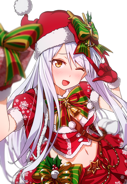 Anime picture 900x1300 with idolmaster idolmaster cinderella girls eve santaclaus greenkohgen single long hair tall image blush open mouth simple background white background yellow eyes silver hair one eye closed from above wink midriff christmas ;d snowflake print
