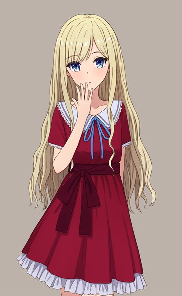 Anime picture 1070x1735 with original yahiro (epicopeiidae) single long hair tall image looking at viewer fringe blue eyes simple background blonde hair grey background :o short sleeves hand to mouth girl dress red dress