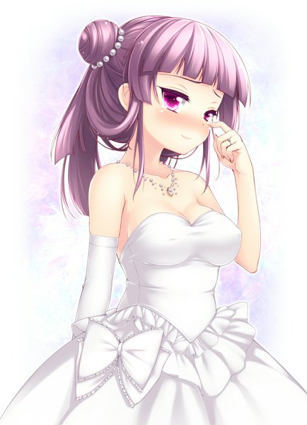 Anime picture 723x1000 with touhou patchouli knowledge nullken single long hair tall image blush purple eyes bare shoulders purple hair tears girl dress gloves bow elbow gloves pendant wedding dress