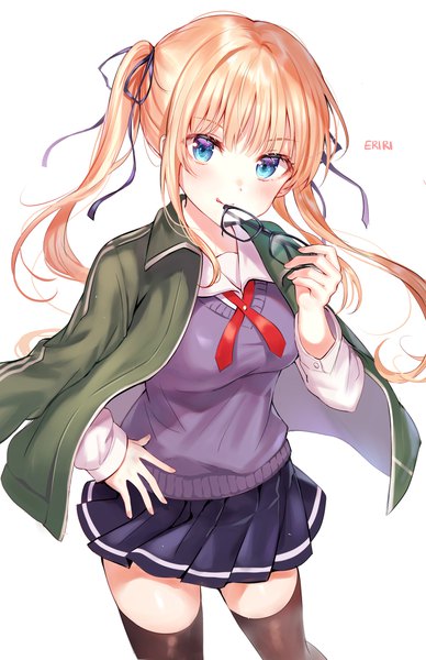 Anime picture 1548x2393 with saenai heroine no sodatekata a-1 pictures sawamura spencer eriri tokkyu single long hair tall image looking at viewer blush fringe blue eyes simple background blonde hair white background twintails payot blunt bangs long sleeves head tilt pleated skirt