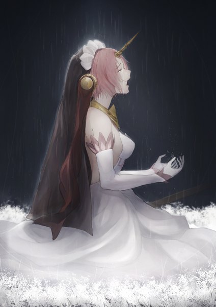 Anime picture 2026x2865 with fate (series) fate/grand order fate/apocrypha frankenstein's monster (fate) marumoru single tall image highres short hair open mouth simple background pink hair eyes closed profile horn (horns) tears black background rain crying girl
