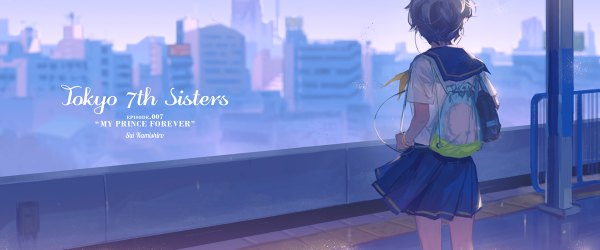 Anime picture 1200x500 with tokyo 7th sisters kamishiro sui ekao single short hair black hair wide image looking away wind from behind blurry copyright name character names city cityscape girl uniform serafuku headphones school bag