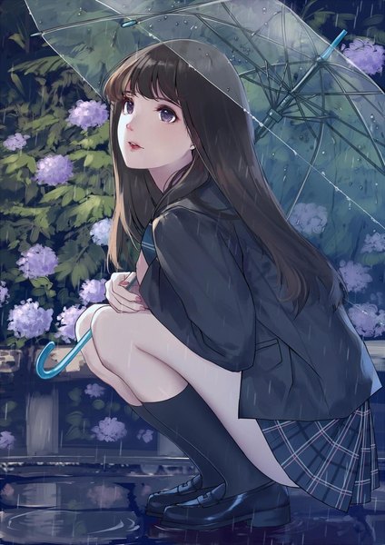 Anime picture 1000x1414 with original caidychen single long hair tall image fringe black hair purple eyes holding looking away full body outdoors blunt bangs nail polish parted lips pleated skirt lipstick plaid skirt rain squat