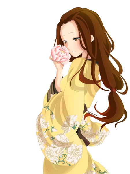 Anime picture 3456x4608 with original hitsuji shoyo single long hair tall image highres simple background brown hair white background brown eyes looking away absurdres japanese clothes girl flower (flowers) kimono