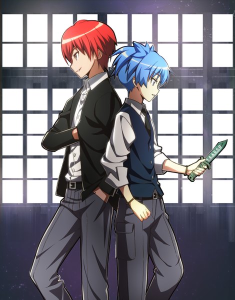 Anime picture 1000x1275 with ansatsu kyoushitsu shiota nagisa akabane karma nyoronyoro tall image fringe short hair blue eyes smile twintails holding yellow eyes blue hair looking away red hair parted lips profile multiple boys looking down open collar