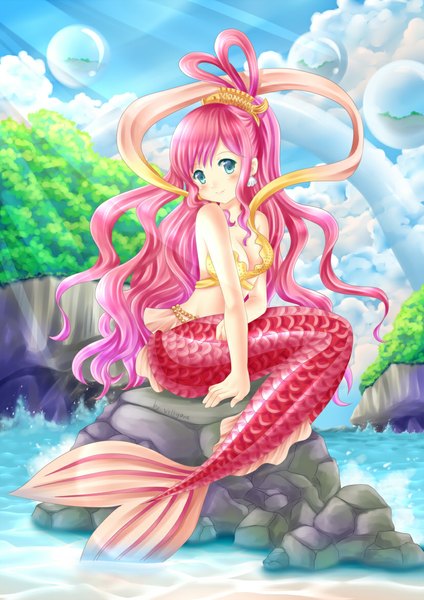Anime picture 826x1169 with one piece toei animation shirahoshi villyane single long hair tall image blush blue eyes light erotic smile pink hair sky cloud (clouds) tail sunlight fish tail girl hair ornament earrings
