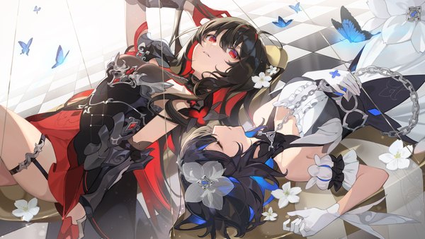 Anime picture 5120x2880 with honkai impact 3rd honkai (series) seele vollerei seele vollerei (starchasm nyx) seele (alter ego) seele vollerei (stygian nymph) chyoel long hair looking at viewer blush fringe highres short hair black hair red eyes wide image absurdres lying eyes closed profile