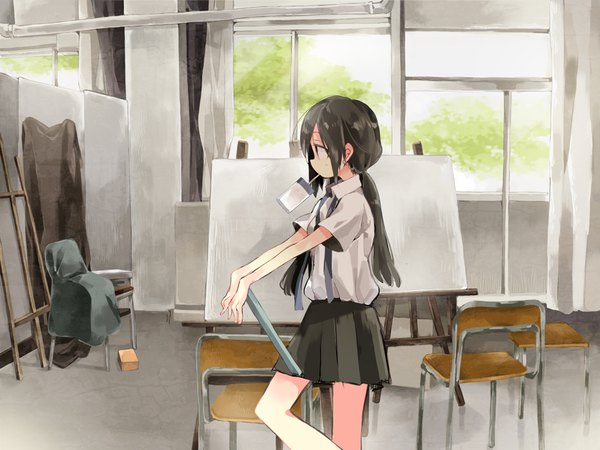 Anime-Bild 900x675 mit original harikamo single long hair fringe black hair standing twintails holding looking away indoors profile pleated skirt black eyes short sleeves mouth hold low twintails drinking girl skirt