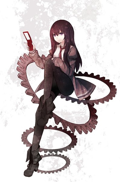 Anime picture 664x1000 with steins;gate white fox makise kurisu cuivre single long hair tall image smile brown hair white background sitting purple eyes girl pantyhose necktie boots mobile phone gears