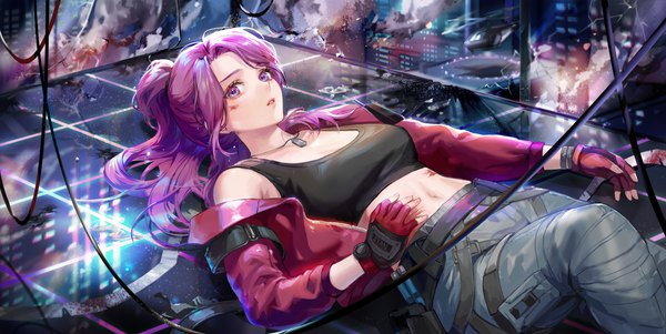 Anime picture 7409x3715 with original xi liu single long hair looking at viewer fringe highres breasts wide image pink hair absurdres ponytail indoors lying pink eyes off shoulder open jacket midriff on back hand on hip