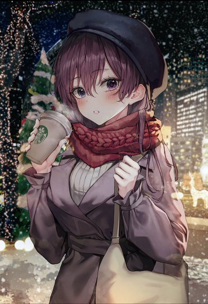 Anime picture 1125x1648 with original starbucks luxiel single long hair tall image looking at viewer blush fringe blue eyes hair between eyes standing purple eyes holding purple hair outdoors long sleeves parted lips night night sky