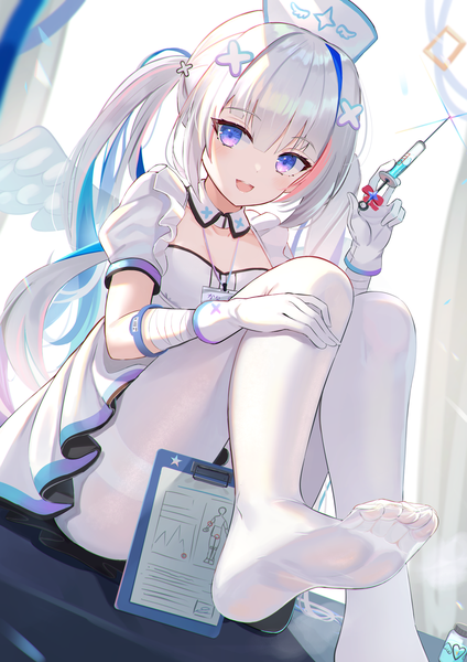 Anime picture 1592x2251 with virtual youtuber hololive amane kanata amane kanata (4th costume) f (milfaaaaa) single long hair tall image looking at viewer open mouth light erotic sitting purple eyes silver hair :d multicolored hair no shoes streaked hair official alternate costume nurse