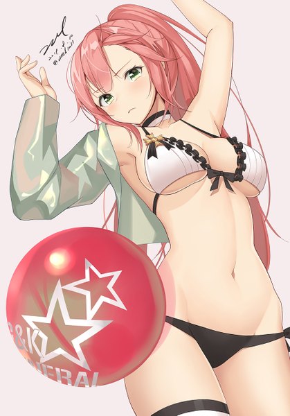 Anime picture 900x1289 with girls frontline r93 (girls frontline) unel single long hair tall image looking at viewer blush fringe breasts light erotic simple background hair between eyes large breasts green eyes signed payot pink hair ponytail head tilt
