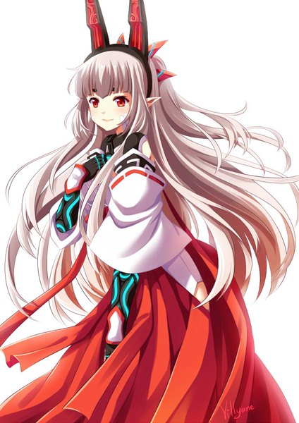 Anime picture 661x935 with aura kingdom kotonoha (aura kingdom) villyane single long hair tall image blush simple background smile red eyes white background white hair traditional clothes japanese clothes girl gloves hair ornament detached sleeves black gloves