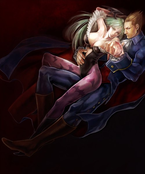 Anime picture 1200x1440 with vampire / darkstalkers (game) morrigan aensland demitri maximoff tetra takamine long hair tall image short hair breasts light erotic brown hair large breasts bare shoulders green eyes profile green hair holding hands black background head wings girl boy