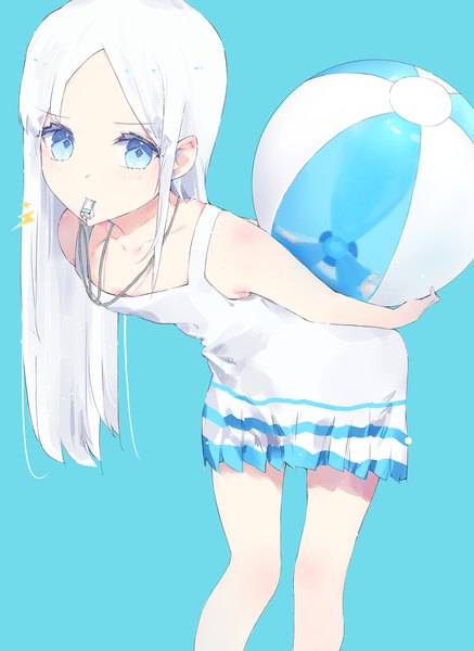 Anime picture 1669x2287 with original tr (hareru) single long hair tall image looking at viewer blue eyes simple background standing bare shoulders holding payot white hair bare legs leaning leaning forward mouth hold blue background hands behind back girl