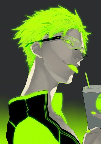 Anime picture 849x1200 with original fasna single tall image looking at viewer short hair open mouth simple background smile green eyes nail polish green hair dark background green background boy glasses tongue drink