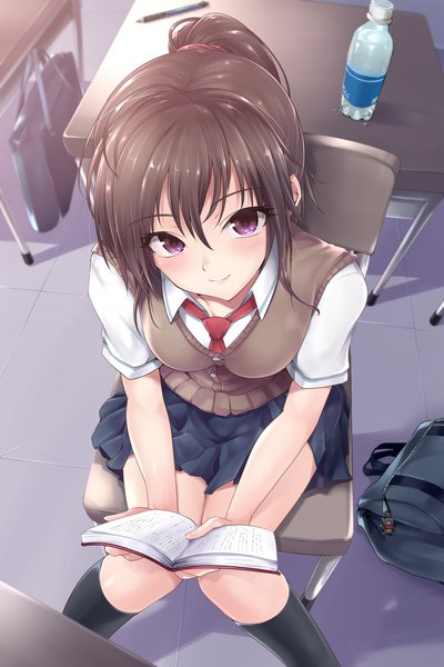 Anime picture 1400x2100 with original kasai shin single long hair tall image looking at viewer blush fringe breasts smile hair between eyes brown hair sitting purple eyes holding payot bent knee (knees) ponytail indoors pleated skirt