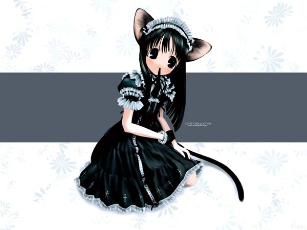Anime picture 1600x1200 with aojiru single long hair black hair white background holding animal ears full body tail head tilt animal tail black eyes maid cat girl mouth hold third-party edit jpeg artifacts mouse girl girl dress
