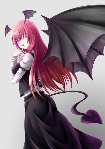 Anime picture 723x1023 with touhou koakuma hijikawa arashi single long hair tall image open mouth red eyes red hair one eye closed wink finger to mouth head wings girl dress skirt wings skirt set