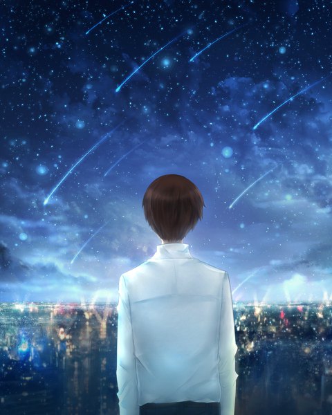 Anime picture 960x1200 with original czy single tall image short hair brown hair standing cloud (clouds) outdoors from behind night night sky city cityscape city lights shooting star boy shirt white shirt star (stars)