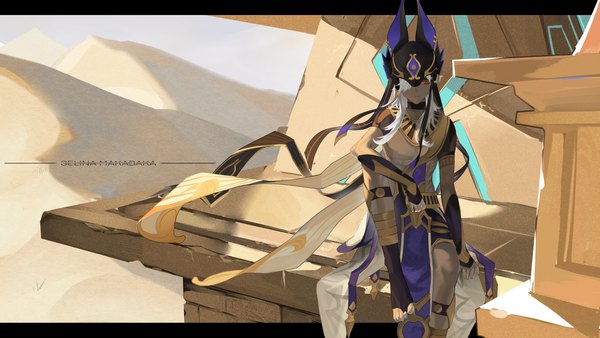 Anime picture 5120x2880 with genshin impact cyno (genshin impact) selina makabaka single long hair fringe highres red eyes wide image sitting signed absurdres white hair hair over one eye dark skin letterboxed desert boy headdress building (buildings)