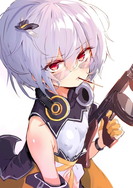 Anime picture 2480x3507 with girls frontline thompson submachine gun (girls frontline) shanyao jiang tororo single tall image looking at viewer fringe highres short hair light erotic simple background hair between eyes red eyes standing white background bare shoulders holding silver hair from above sleeveless