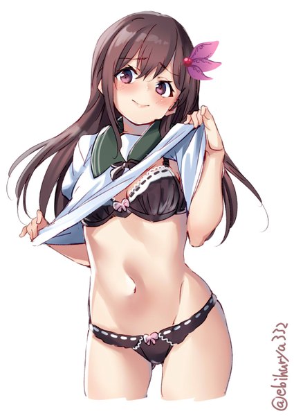 Anime picture 991x1400 with kantai collection kisaragi destroyer ebifurya single long hair tall image looking at viewer blush fringe breasts light erotic simple background smile hair between eyes brown hair large breasts standing white background brown eyes signed