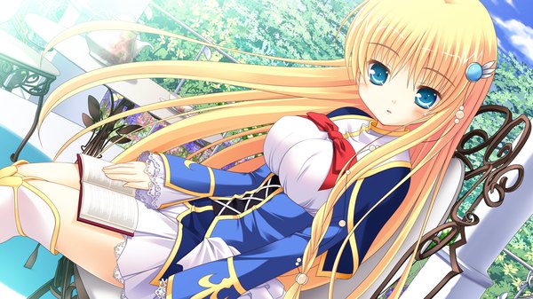 Anime picture 1280x720 with princess-style orfina von rubens yuyi single long hair looking at viewer blue eyes blonde hair wide image sitting game cg girl uniform hair ornament school uniform book (books)