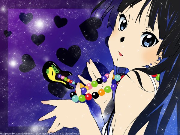 Anime picture 1600x1200 with k-on! kyoto animation akiyama mio single fringe open mouth black hair bare shoulders upper body head tilt looking back grey eyes character names purple background girl earrings heart necklace beads stud earrings