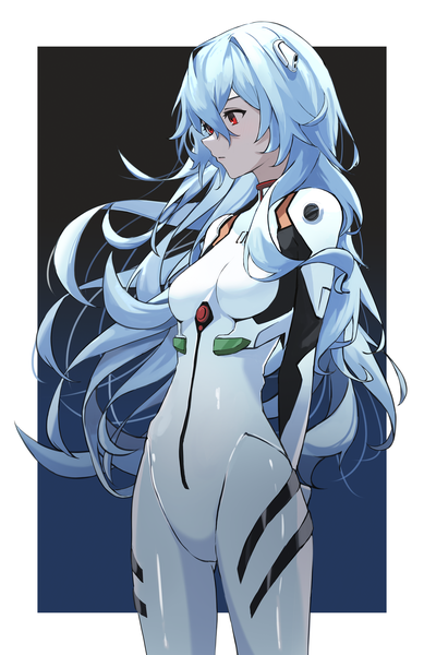 Anime picture 2301x3553 with neon genesis evangelion rebuild of evangelion evangelion: 3.0+1.0 thrice upon a time gainax ayanami rei gnns single long hair tall image fringe highres hair between eyes red eyes standing blue hair looking away profile wind border outside border