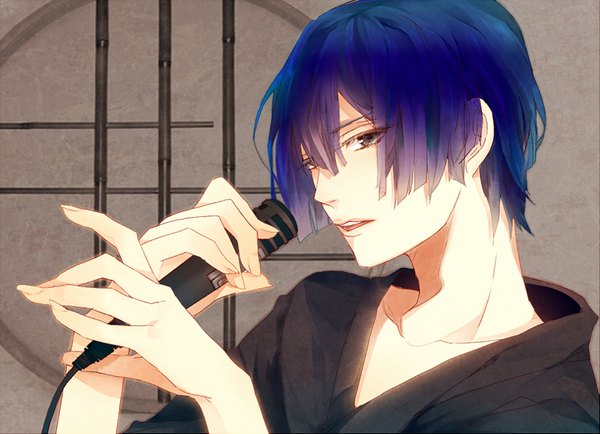 Anime picture 870x630 with uta no prince-sama a-1 pictures hijirikawa masato shijima tohiro single fringe short hair open mouth hair between eyes blue hair looking away traditional clothes japanese clothes fingernails black eyes grey background singing boy microphone
