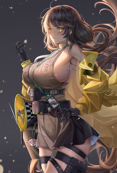 Anime picture 2326x3437 with girls frontline m4 sopmod ii (girls frontline) ro635 (girls frontline) yf (hbyg) single long hair tall image blush fringe highres breasts light erotic black hair simple background red eyes large breasts standing twintails yellow eyes looking away