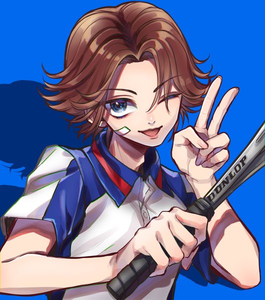 Anime picture 4272x4823 with prince of tennis kikumaru eiji minaramuda single tall image looking at viewer highres short hair open mouth simple background brown hair absurdres upper body one eye closed wink victory blue background ;d bandaid on face boy
