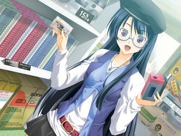 Anime picture 1024x768 with school love! 3 amamiya yuuri long hair open mouth black hair purple eyes game cg girl glasses
