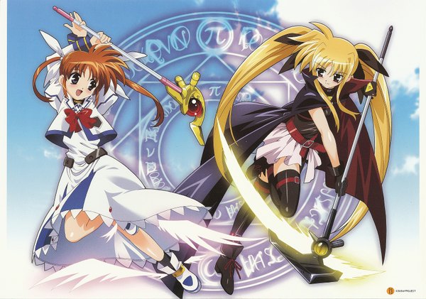 Anime picture 1600x1125 with mahou shoujo lyrical nanoha fate testarossa takamachi nanoha girl thighhighs