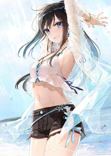 Anime picture 734x1030 with original fuumi (radial engine) single long hair tall image looking at viewer blush fringe breasts blue eyes light erotic smile hair between eyes large breasts standing payot sky cleavage cloud (clouds) ahoge