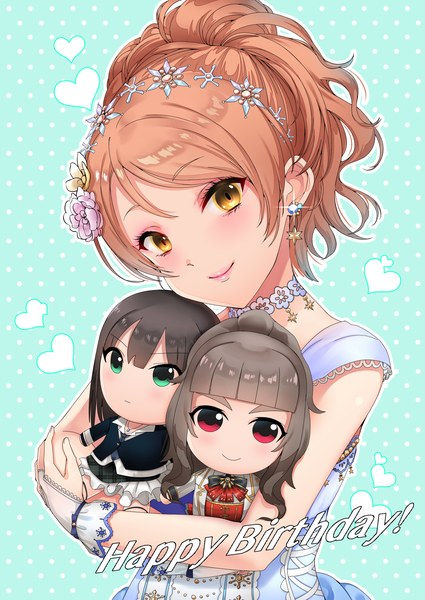 イラスト 1505x2125 と アイドルマスター アイドルマスターシンデレラガールズ idolmaster cinderella girls starlight stage 渋谷凛 北条加蓮 神谷奈緒 maou (demonlord) ソロ 長身像 カメラ目線 赤面 短い髪 笑顔 hair between eyes 茶色の髪 holding 黄色眼 upper body ポニーテール head tilt