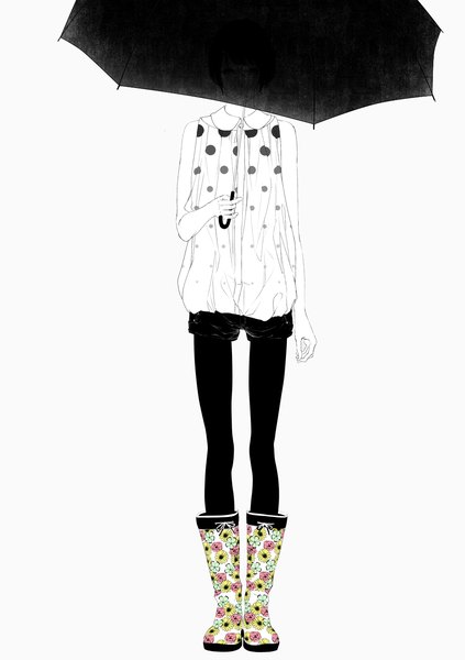 Anime picture 1000x1417 with original sousou (sousouworks) single tall image simple background white background bare shoulders casual no face girl flower (flowers) pantyhose shorts boots blouse parasol rubber boots