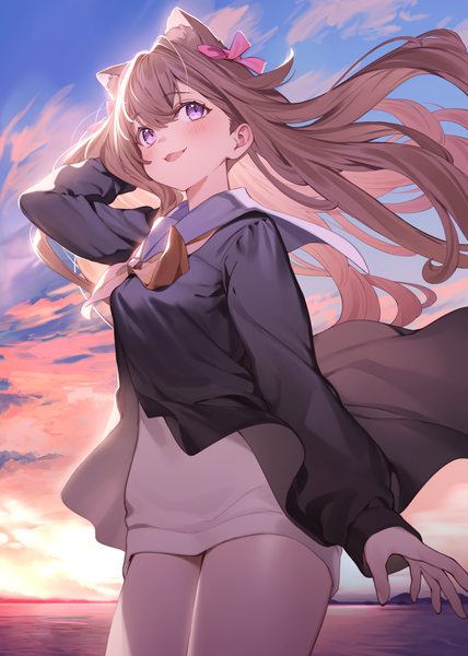 Anime picture 1786x2505 with original nyum single long hair tall image blush fringe highres open mouth smile hair between eyes brown hair purple eyes looking away sky cloud (clouds) outdoors long sleeves :d arm up