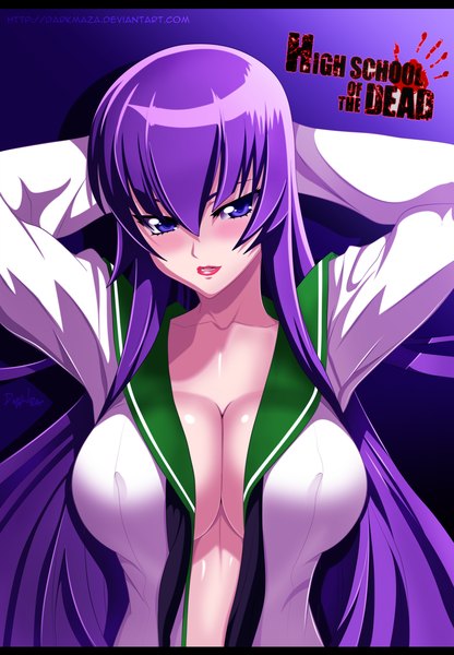 Anime picture 2500x3600 with highschool of the dead madhouse busujima saeko darkmaza single long hair tall image blush highres breasts open mouth light erotic large breasts purple eyes cleavage purple hair lips inscription lipstick coloring