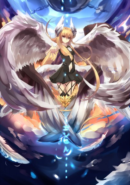 Anime picture 1300x1838 with date a live mayuri (date a live) mirrorks single tall image looking at viewer fringe blonde hair hair between eyes standing very long hair head tilt inscription crossed legs angel wings outstretched hand head wings girl thighhighs dress