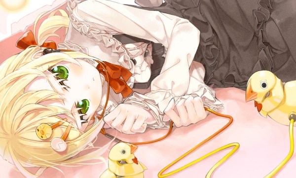 Anime picture 1248x751 with original amamiya chiharu single looking at viewer blush fringe short hair blonde hair wide image twintails holding green eyes lying embarrassed angry messy hair girl dress bow ribbon (ribbons)