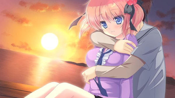 Anime picture 2560x1440 with mizu no miyako no patisserie highres short hair blue eyes wide image twintails game cg orange hair couple evening short twintails sunset girl ribbon (ribbons) hair ribbon