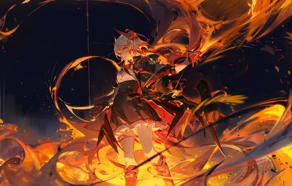 Anime picture 2411x1532 with arknights fiammetta (arknights) ciloranko single highres short hair red eyes standing looking away silver hair multicolored hair horn (horns) two-tone hair spread arms girl skirt gloves black skirt flame