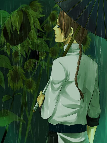 Anime picture 1200x1600 with gintama sunrise (studio) kamui (gintama) pin k long hair tall image blue eyes brown hair braid (braids) looking back back single braid rain boy sunflower