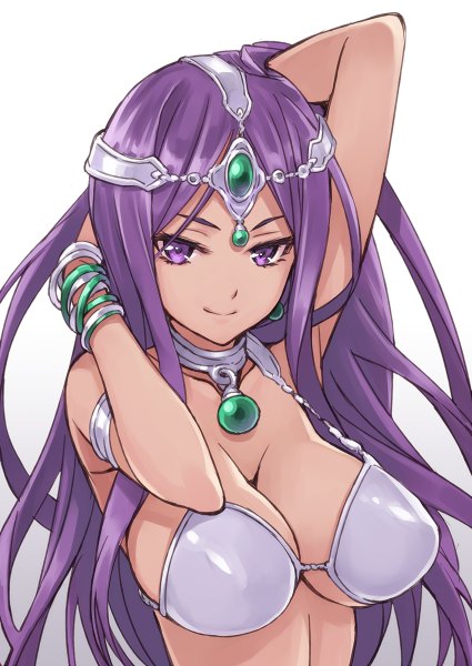 Anime picture 850x1200 with dragon quest dragon quest iv manya (dq4) matsuryuu single long hair tall image looking at viewer breasts light erotic simple background large breasts white background purple hair dark skin arm behind head girl bracelet headdress jewelry